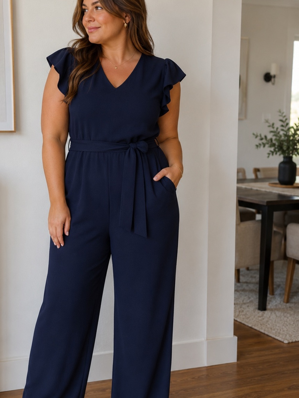 T Tahari Navy Ruffle-Sleeve V-Neck Belted Pantsuit with pockets.